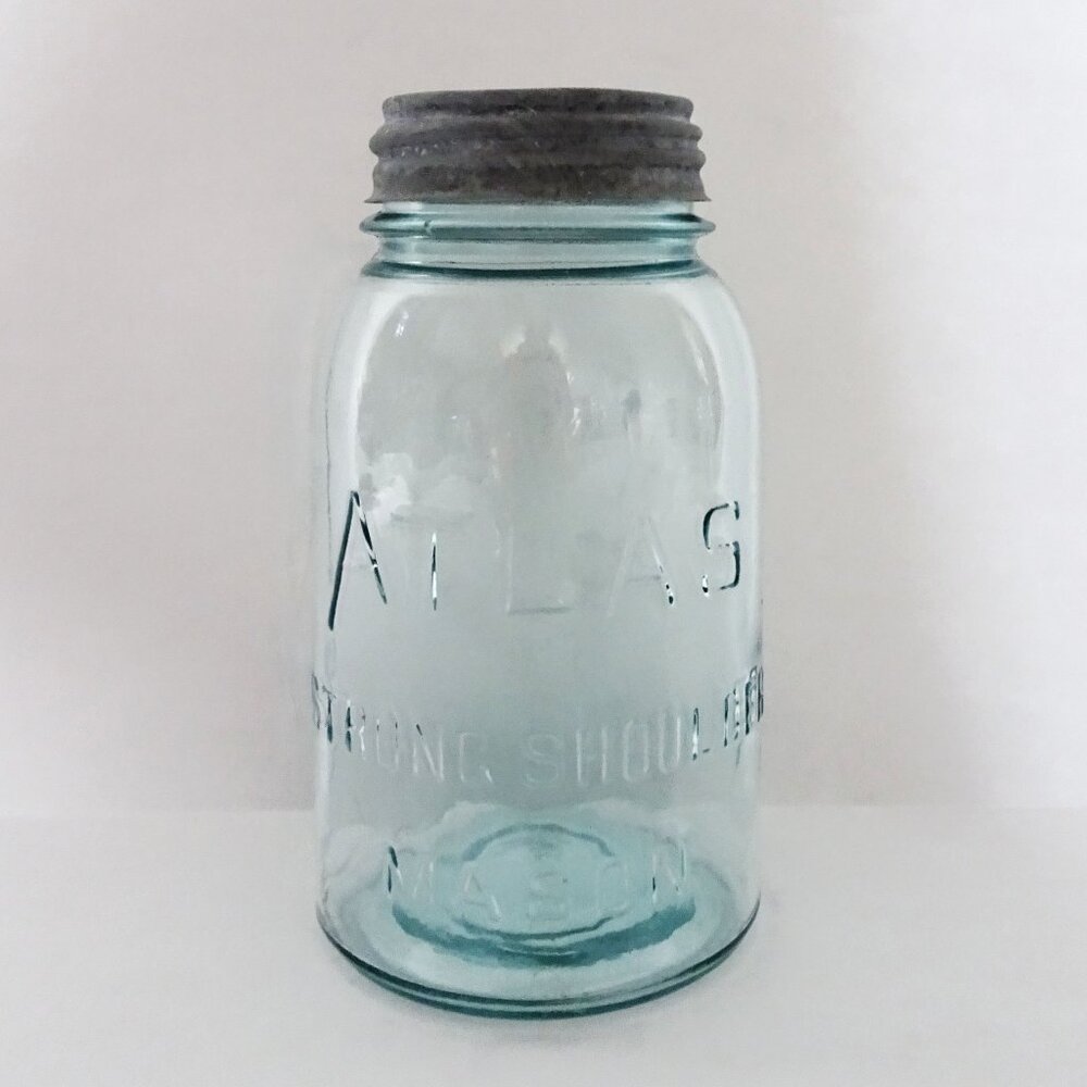 Antique Atlas Strong Shoulder Mason Canning Jar Dropped A Aqua Blue Zinc Lid 1qt